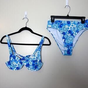 NWT Shein Blue Floral Bikini Set Balconette Top High Waisted Bottoms Size M